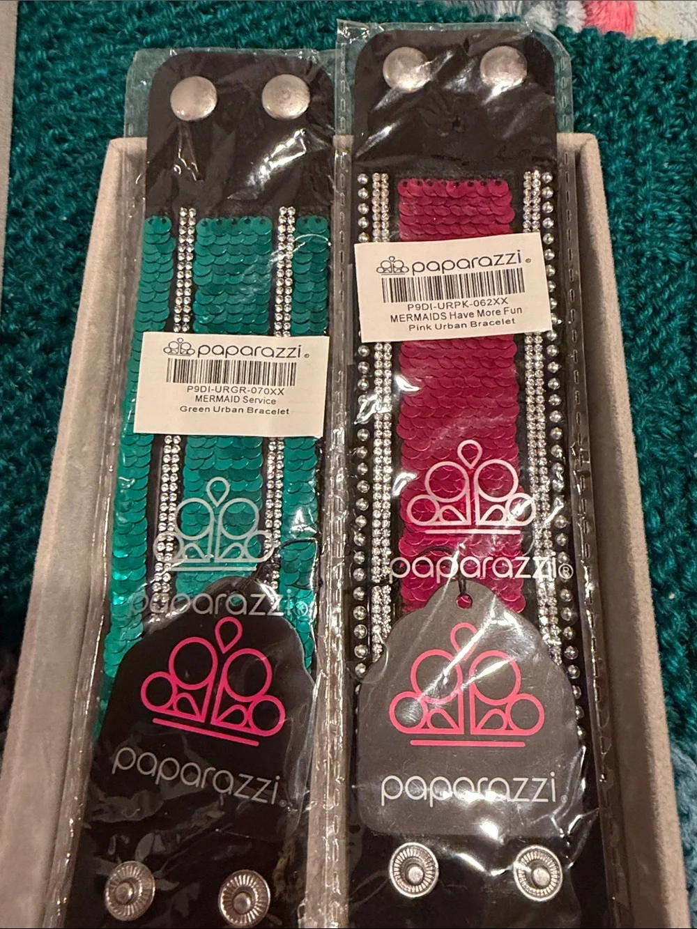 paparazzi Green & Pink Sequin Urban Bracelets with Rhinestones